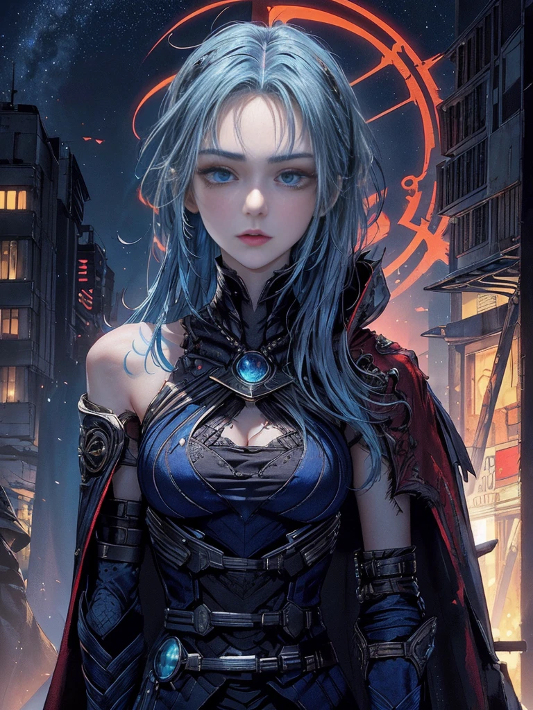cinematic lighting、highest quality,cyberpunk world、1 female、(20 year old beautiful woman、Detailed beautiful facial features、shoulder length hair、blue hair、Very detailed and beautiful blue eyes:1.4)break,medium hair、(Bright blue hair、shining hair)(See here、chest and cleavage:1.4)(Cool and stylish cyber tech wear:1.2)(scratch、Returned blood adheres to the face and chest)(tattered cloak:1.3)android(beautiful starry sky scenery、roof of the building:1.2)(It's cold so white breath comes out of my mouth:1.5)