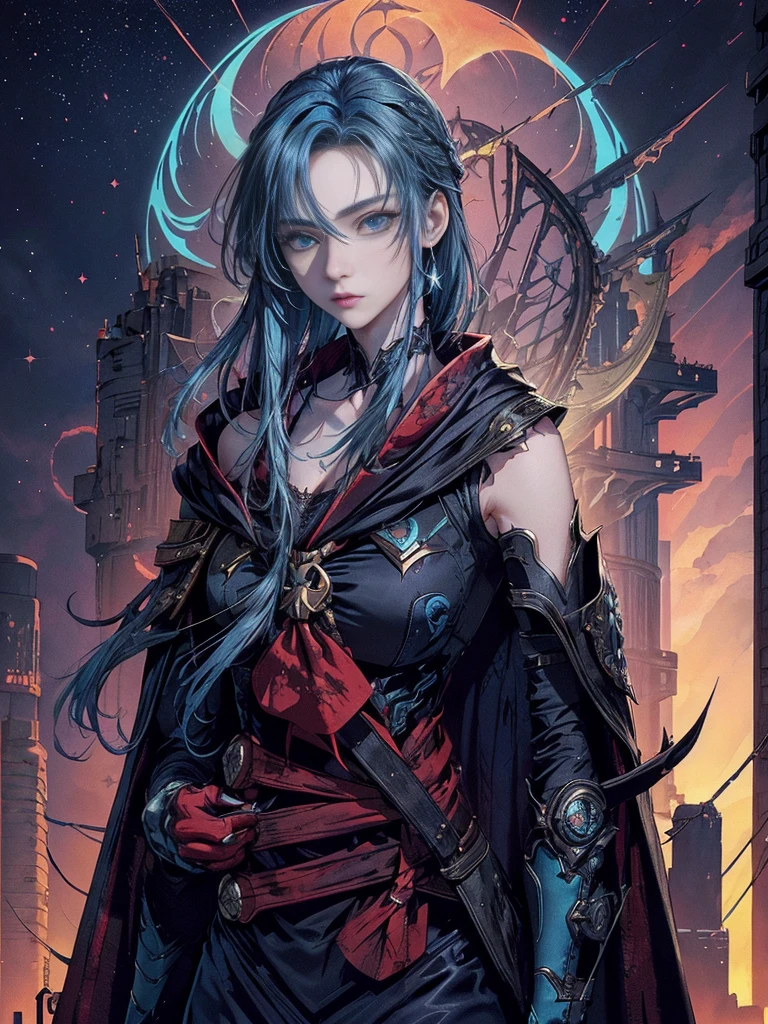 cinematic lighting、highest quality,cyberpunk world、1 female、(20 year old beautiful woman、Detailed beautiful facial features、shoulder length hair、blue hair、Very detailed and beautiful blue eyes:1.4)break,medium hair、（Bright blue hair、shining hair）（See here、chest and cleavage:1.4）（Cool and stylish cyber tech wear:1.2）(scratch、Returned blood adheres to the face and chest)(tattered cloak:1.3)android（beautiful starry sky scenery、roof of the building:1.2）(It&#39;s cold so white breath comes out of my mouth:1.5)