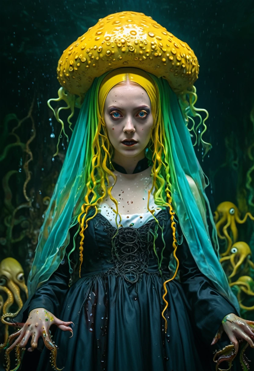 8K, ARTISTIC photogrAphy, best quAlity, mAsterpiece: 1.2), A (potrAit:1.2) witch BLOOD Toon Doll Cthulhu nun QUEEN, EYES, CYAN many octopus style tentacles, full body RAW candid cinema, yellow hair, 16mm, color graded portra 400 film, remarkable color, ultra realistic, sad admosphere, dark lighting, oppressive atmosphere, depressive colors, kodak portra 400, photograph,r, Natural Light, Pinhead lighgts, blur reflection, Brush Strokes, Smooth, abstract, Splatter, Oil On Canvas, rainbow colors, fractal isometrics details bioluminescens : a stunning realistic photograph of wet bone structure, 3d render, octane render, intricately detailed, titanium decorative headdress, cinematic, trending on artstation | Isometric | Centered