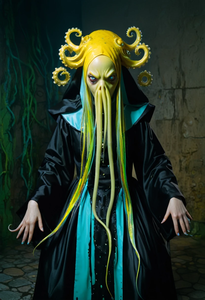8K, ARTISTIC photogrAphy, best quAlity, mAsterpiece: 1.2), A (potrAit:1.2) witch BLOOD Toon Doll Cthulhu nun QUEEN, EYES, CYAN many octopus style tentacles, full body RAW candid cinema, yellow hair, 16mm, color graded portra 400 film, remarkable color, ultra realistic, sad admosphere, dark lighting, oppressive atmosphere, depressive colors, kodak portra 400, photograph,r, Natural Light, Pinhead lighgts, blur reflection, Brush Strokes, Smooth, abstract, Splatter, Oil On Canvas, rainbow colors, fractal isometrics details bioluminescens : a stunning realistic photograph of wet bone structure, 3d render, octane render, intricately detailed, titanium decorative headdress, cinematic, trending on artstation | Isometric | Centered