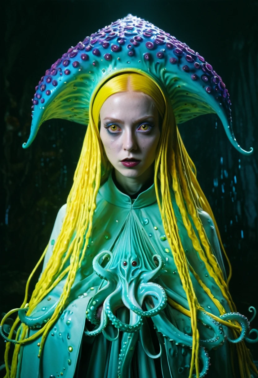 8K, ARTISTIC photogrAphy, best quAlity, mAsterpiece: 1.2), A (potrAit:1.2) witch BLOOD Toon Doll Cthulhu nun QUEEN, EYES, CYAN many octopus style tentacles, full body RAW candid cinema, yellow hair, 16mm, color graded portra 400 film, remarkable color, ultra realistic, sad admosphere, dark lighting, oppressive atmosphere, depressive colors, kodak portra 400, photograph,r, Natural Light, Pinhead lighgts, blur reflection, Brush Strokes, Smooth, abstract, Splatter, Oil On Canvas, rainbow colors, fractal isometrics details bioluminescens : a stunning realistic photograph of wet bone structure, 3d render, octane render, intricately detailed, titanium decorative headdress, cinematic, trending on artstation | Isometric | Centered