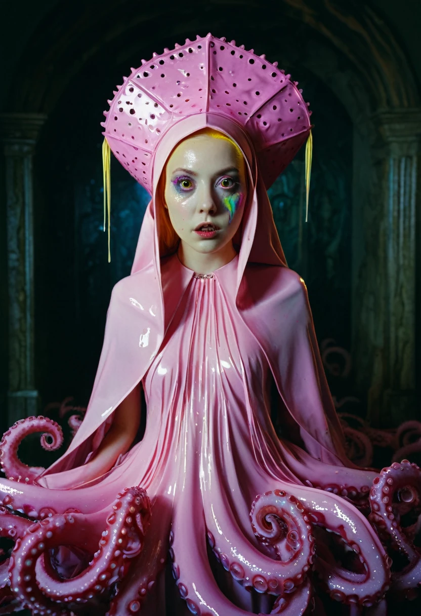 8K, ARTISTIC photogrAphy, best quAlity, mAsterpiece: 1.2), A (potrAit:1.2)  witch BLOOD Toon Doll Cthulhu nun QUEEN, EYES, PINK many octopus style tentacles, full body RAW candid cinema, yellow hair, 16mm, color graded portra 400 film, remarkable color, ultra realistic, sad admosphere, dark lighting, oppressive atmosphere, depressive colors, kodak portra 400, photograph,r, Natural Light, Pinhead lighgts, blur reflection, Brush Strokes, Smooth, abstract, Splatter, Oil On Canvas, rainbow colors, fractal isometrics details bioluminescens : a stunning realistic photograph of wet bone structure, 3d render, octane render, intricately detailed, titanium decorative headdress, cinematic, trending on artstation | Isometric | Centered