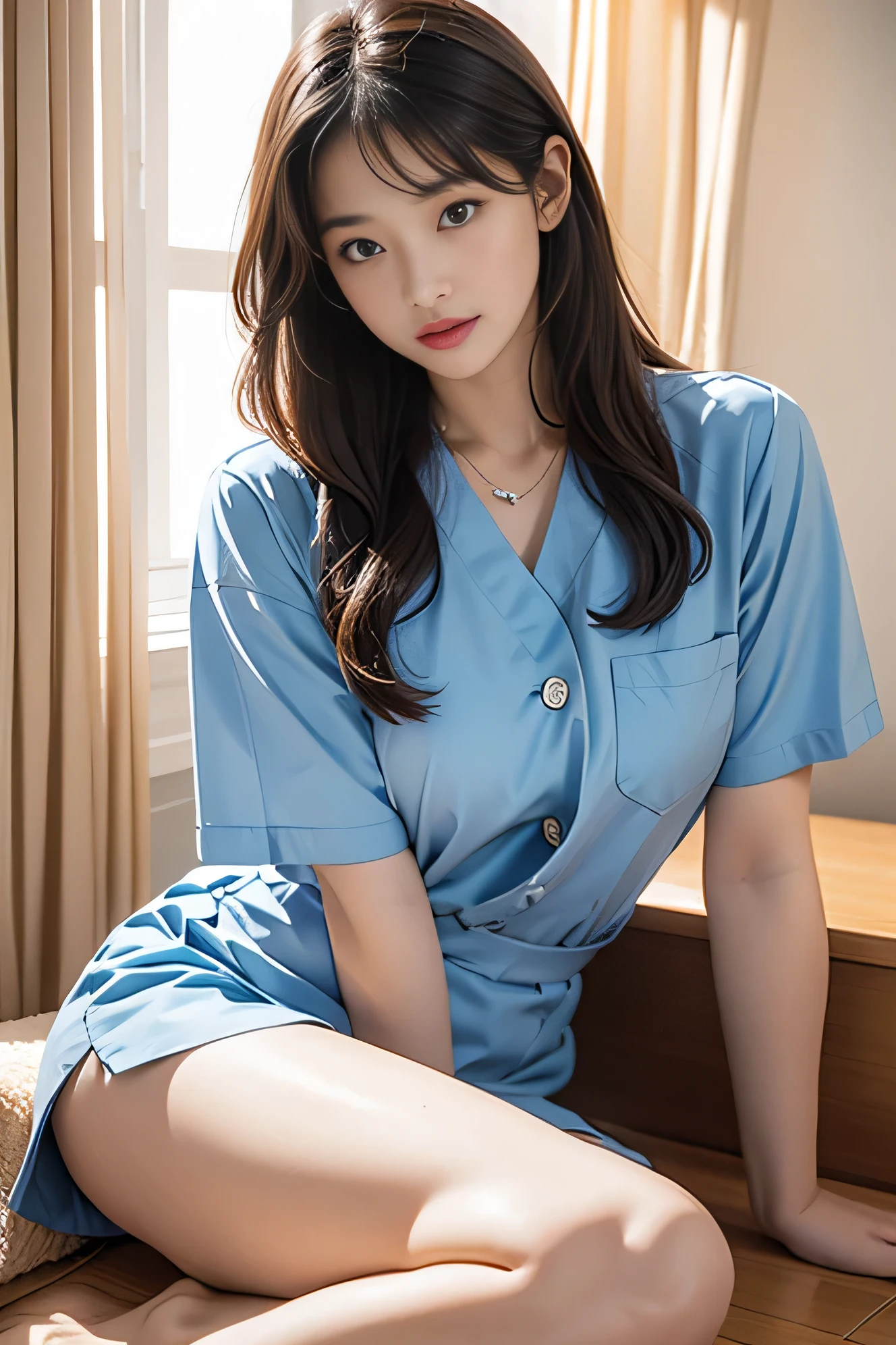 (best quality, very detailed, realistic:1.37), pink nurse uniform, stockings, hospital,unforgettably captivating, beautiful face, whole body, beautiful bridge, high heel,she works at the hospital, nurse, nursing woman,