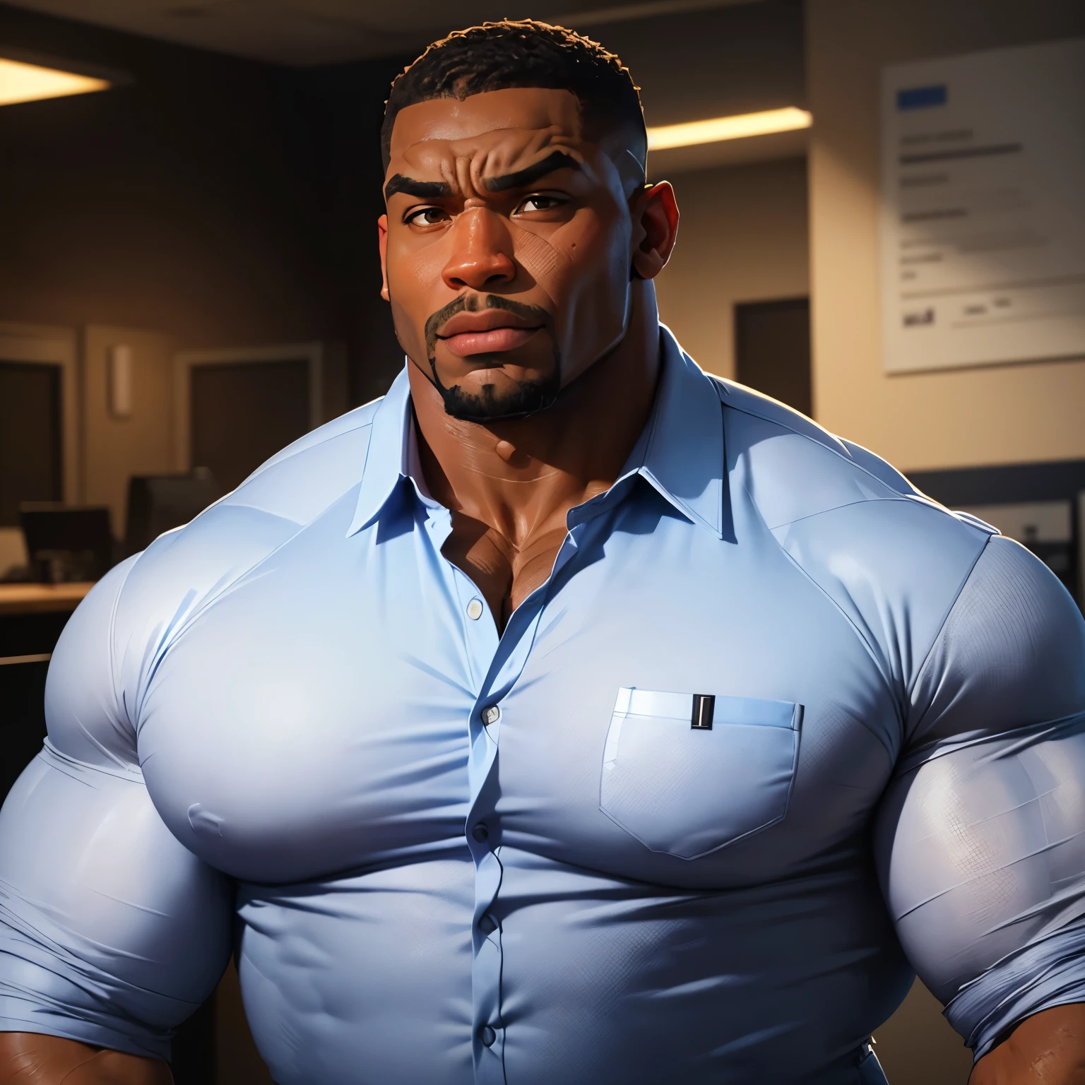 an exaggeratedly muscular and large bodyguard, beefy build, goatee, dark-skinned african american male, buzzcut hair with square line, (surprised expression: 1.2), (wearing casual business shirt: 1.2), small company badge on shirt, (bara pecs: 1.3), beefy pecs, (arm and chest hair: 1.1), portrait HD, (fluorescent bright business office)