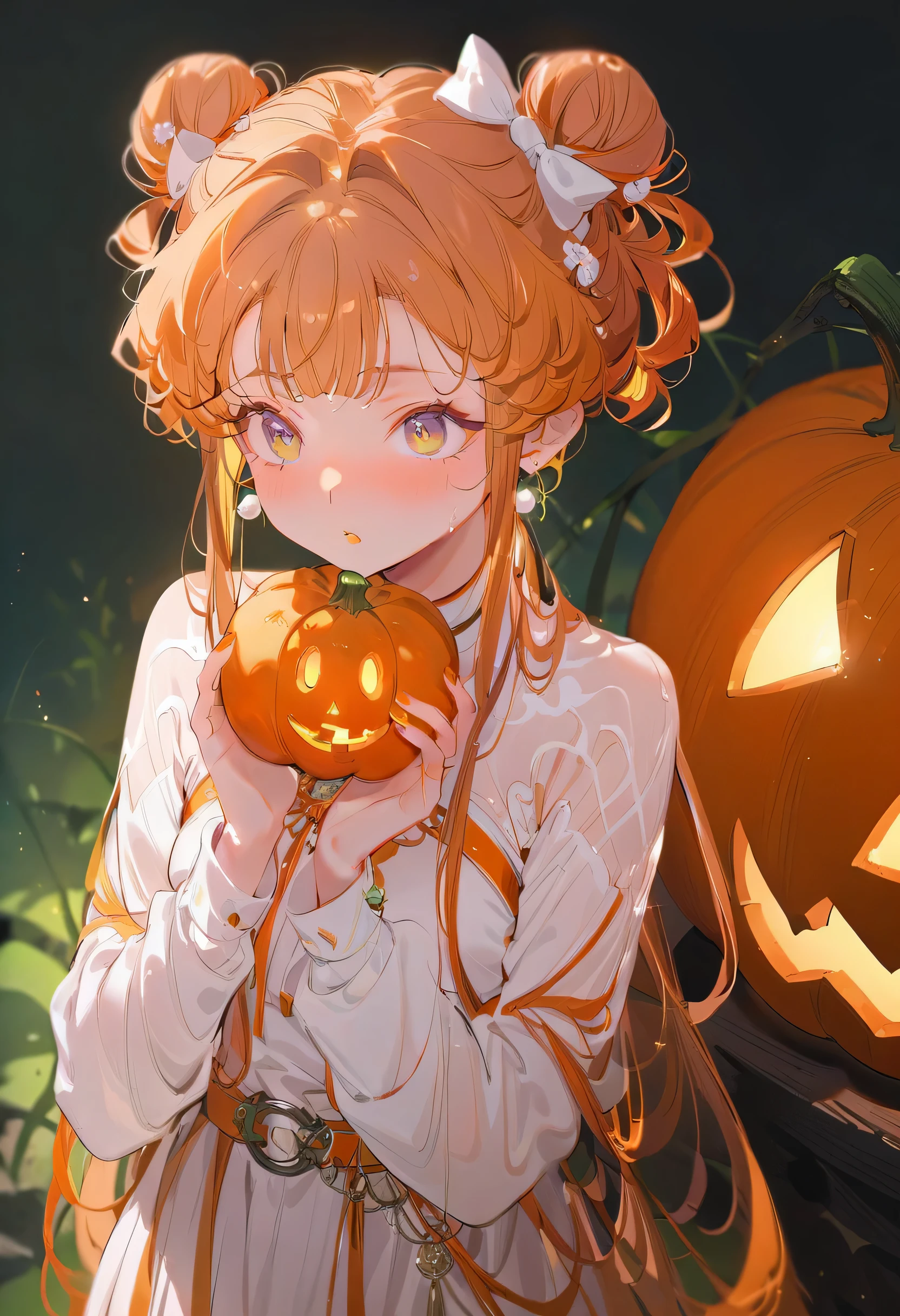 (((masterpiece, best quality))), (((thicker lines))), (((super sharp focus))), A little girl (pumpkin spirit) walking in a pumpkin field, holding a pumpkin lantern bag, singing, (girl 1 (5 years old)), orange hair ((natural curly hair, pumpkin flower hair) Ornament)), smile, purple dress ((white lace)), wings on the back ((made of pumpkin leaves)), pumpkin ivy decoration, watercolor style, Rainbow-colored