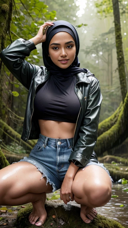 RAW, Best quality, high resolution, masterpiece: 1.3), beautiful Hijab Malay woman in raincoat, high resolution, Masterpiece: 1.3,  Masterpiece, Soft smile,  black hair, crouching on rock, raining, vines all around, giant and wet trees ,bright sunshine, denim jacket unbuttoned, crop top, long pants, highres,4k,HDR,1girl, photorealistic, realistic,sweat skin, wet clothes, wet body, big breast, ((full body))soaked, dripping, smiling at viewer, closeup