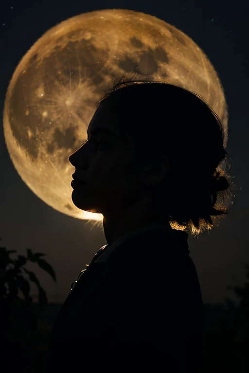 highest quality,Big moon and shadow,A silhouette of a person can be seen against the backdrop of a large moon.,There is one full moon,There is a mood,Beautiful scenery,Starry Sky