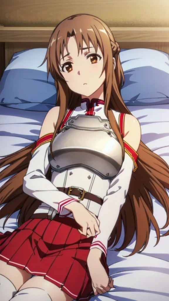 (((Pixel Perfect, Perfect detail))), ((alone, 1 girl)), asuna yuuki, long hair, brown hair, (brown eyes:1.8), skirt, thighhighs, bare shoulders, detached sleeves, armor, white thighhighs, (breastplate:1.2), red skirt, (lying on the bed:1.3), ((showing panties)), upper body, indoor