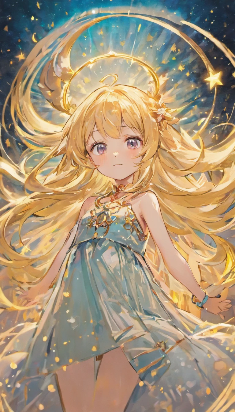 A captivating, full-body anime illustration of a charming girl with long, flowing hair and a beautiful face. Her eyes are large and expressive, filled with innocence and cuteness. The character wears a stunning dress adorned with delicate patterns and a gold necklace, complementing her ethereal appearance. The sky behind her is filled with stars, creating a dreamy and fantastical atmosphere. The character's hair features two different shades, one lighter near the roots, and one darker towards the tips, giving it a unique and soft luster. The overall style of the artwork is dreamy and romantic, inspired by the enchanting world of anime.