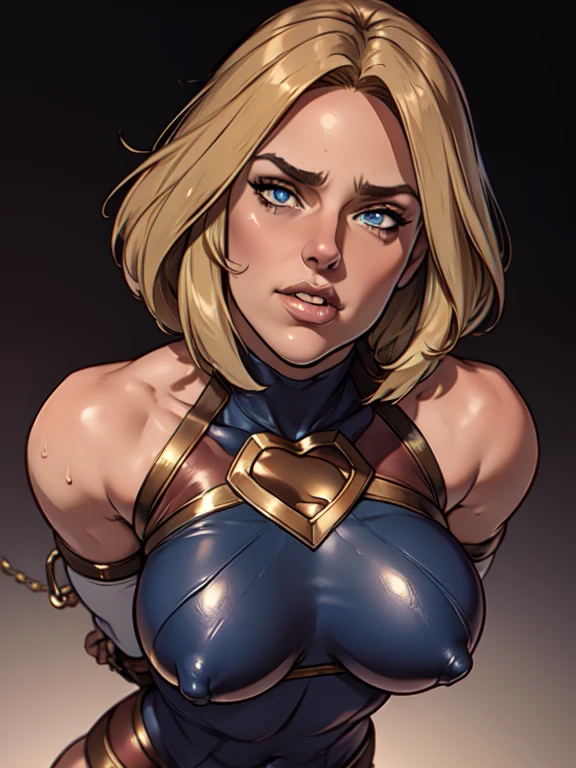 (best quality,4k,8k,highres,masterpiece:1.2),ultra-detailed,(realistic,photorealistic,photo-realistic:1.37),beautiful ((Power girl)),muscular,beautiful detailed eyes,beautiful detailed lips,longeyelashes,dark blond hair cascading down her shoulders,black leather pants,light beige sweater,full body,strong lighting,soft warm colors,blurred background,neutral expression, restrained in a sunlit city in ruins, (cameltoe), ((bound, restrained, kidnapped)), (((chained))), (((beaten by men))), (((hit in cheek:1.2))), (((violent hit action:1.2)))