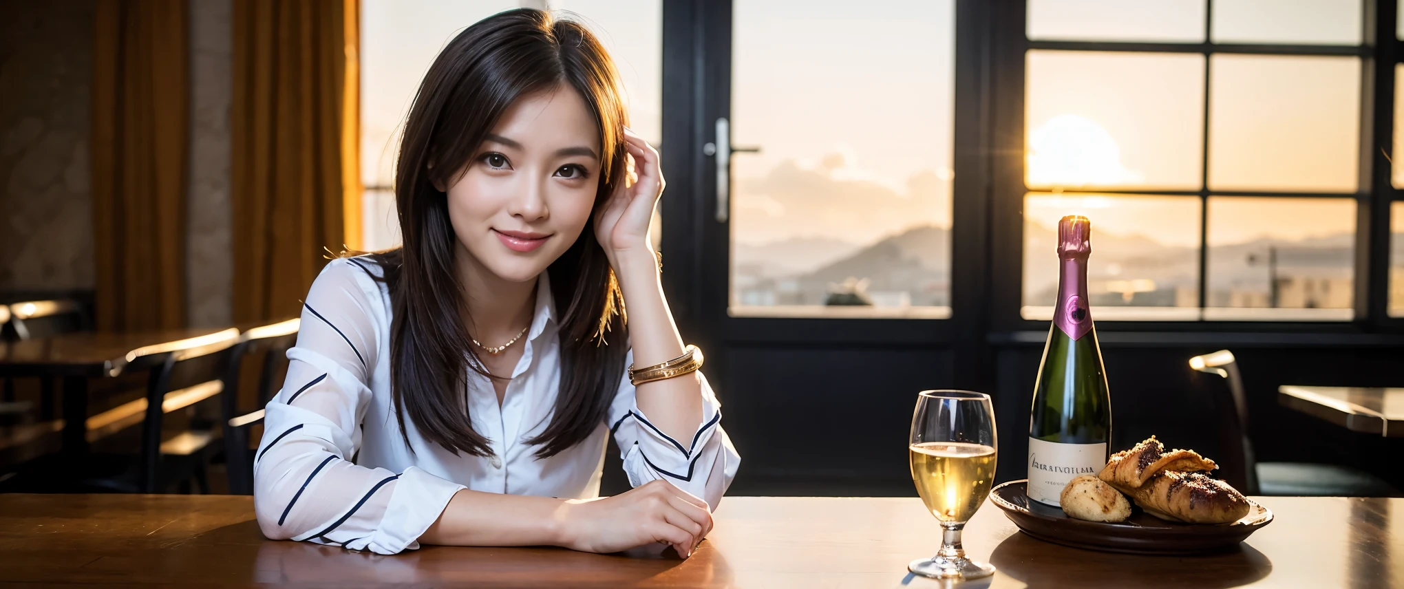 ((highest quality、8k、masterpiece:1.3))、Sharp focus:1.2、Beautiful woman perfect body:1.4、slimなボディ、((Bob Hale、Straight hair:1.2))、(to be born, highest quality, masterpiece:1.5), (Realistic, Intricate details:1.2), Ultra-high resolution, Put the light on your face、Amazing view of the sunset sky and clouds、Amazing mountain views、ニコニコ明るいsmile、wine glass、red wine 、Appetizers、Italian food、Wine bottle、Champagne、sparkling wine、, Beautiful Face, blue eyes, The light shines on your face, Blushing, short hair,Bright Face、Fox face、 (42 years old), 39 years old, Lady、Two beauties、Brown Hair、Shortcuts、Long sleeve shirt、dress、Pretty Woman 1, (slimな顔), (The body is slim), (Brown Hair), (Shortcuts), cheeks turn a little red,Attractive beauty、, Out of the window, A beautiful and detailed night view unfolds.........., restaurant, In a prominent place (From the waist up) Nova Frog Style, actress, model, Upper Body, White wine, slim, wine glass, 真ん中に置かれたwine glass, smile, (smile: 1.15), Beautiful fine grain, Depth f/2,saturation, High Contrast, Strong light and shadow,Moist Body:1.5、3D texture、Delicate eyes、Brown Hair、The hair is very shiny、