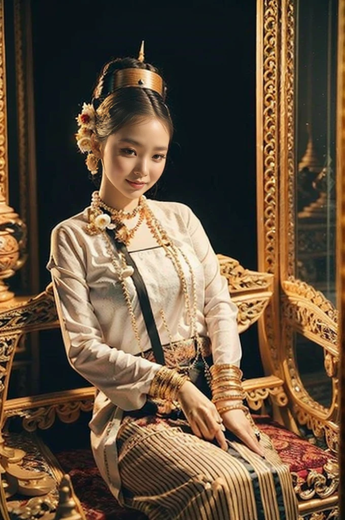 MMTD BURMESE PATTERNED TRADITIONAL DRESS WEAR BEAUTIFUL queen,WEAR PEARL NECKLACES AND GOLD BRACELETS,FULL BODY DETAILS BEAUTY, sitting in royal manner on the long golden traditional throne in golden palace, Myanmar traditional hair style,best composition, full view covered shot, cenimatic lightning and ultra realistic details, octane rendering, unreal engine, sharp focus,32k ,UHD resolution