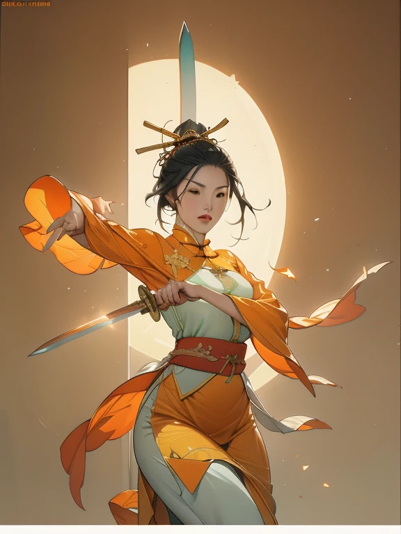 Fisheye lens with flames in the background, Chinese girl dancing with sword, Dressed in Tang dynasty costume, people, Upward light, Ray Tracing, Edge Light, Glow effect, Exaggerated behavior, Exaggerated perspective, orange, green, Realistic ultra-fine rendering style, Super Detail, Blender, Octane Ring