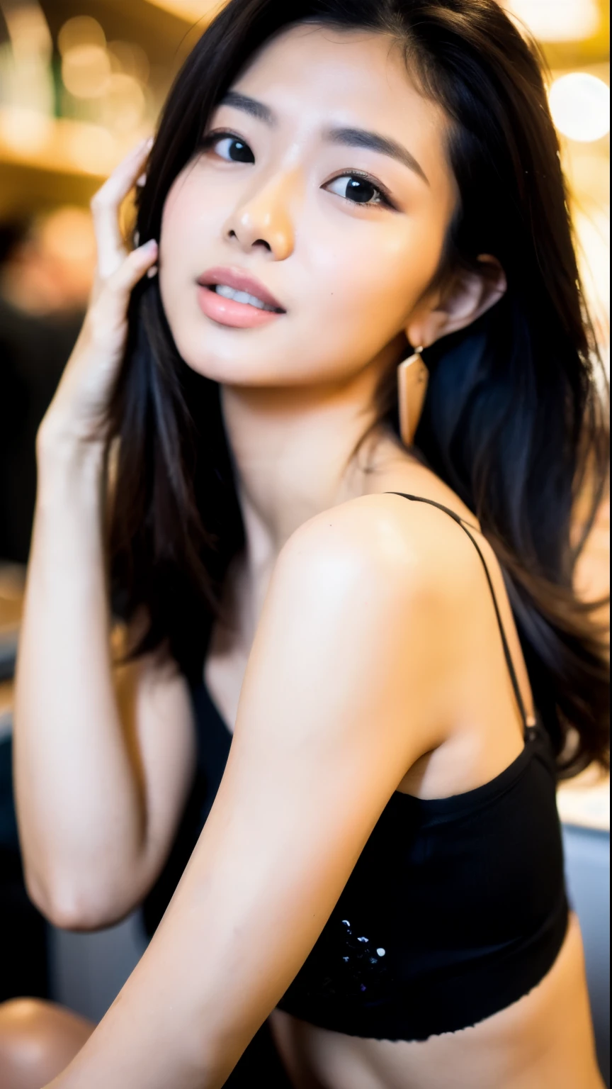 picture a woman with , ela tem cabelo preto with bangs, hime black haircut, , korean, with short hair with bangs, with short hair, dilraba dilmurat, garota korean cruel, hairstyle with bangs style, with bangs, korean symmetrical, Trendy clothes,,,,, beautiful smile,,,,,,,, ultra-detailed portrait of lips with electric blue lipstick highlighted by lighting.The image is full HD with impressive clarity that captures every detail,from the soft lines of the lips to the subtle shine of the lipstick. the lighting accentuates the depth of the color,creating a dramatic and seductive effect,with a dark background to contrast and highlight the lips. with a v-neck shirt highlighting her beautiful breasts((,de corpo inteiro)) in long dress.