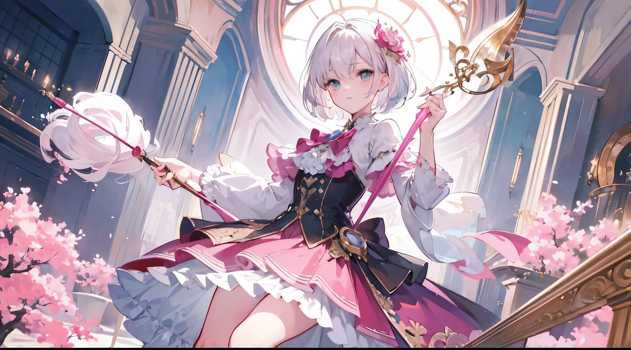 ((Super detailed)),((illustration))，((masterpiece)),(((need))),((Beautiful and delicate eyes))，（Extremely detailed CG Unity 8K wallpaper，Best quality，masterpiece），（（4K，masterpiece，Best quality）），A girl with short white hair holds a pink scepter in her backhand，He holds a balance scale in his left hand，Green liquid on clotheagician，Monocle，Steam Style，Pink and gold high heels，Around the magic cards，Full body picture