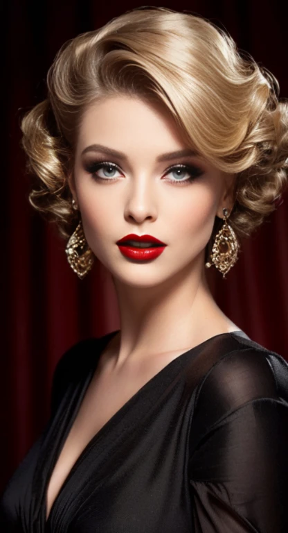 a woman with a red lipstick and a black dress, up face with 1 9 2 0 s hairstyle, gorgeous elegant attractive, glamor hairstyle, with parted lips and stunning, wide golden eyes and red lips, small and thick red lips, sexy lips :5 stylish, gorgeous and beautiful, luscious red lips, glamorous hairstyle, gorgeous attractive face, attractive and beautiful, ash blonde