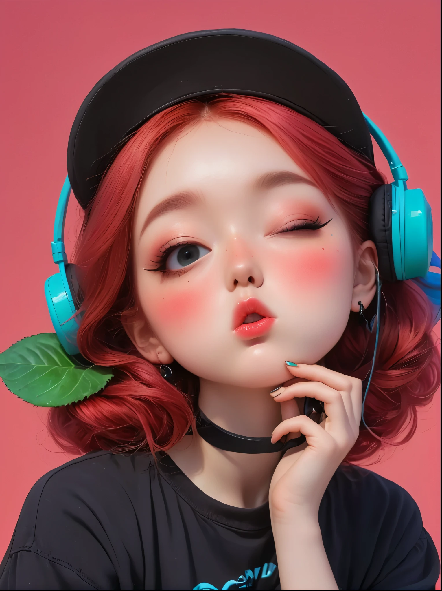 1girl,Red hair,big eyes,(Close one eye:1.3),small freckles,Pouting cute little mouth,faint blush,Proud,hat,earphone,Rose,Gothic,Vaporwave,Transpiration,gas,蒸汽朋克Gothic维多利亚风格,dark,psychology,Surrealism,sublimation,subconsciousness,emotion,enthusiasm,red,black,blue,Rose背景,Green smoke hair,blue烟雾背景,Soft red and blue light,line, Cartoon Style, full-body shot, Super Detail, Anatomically correct, masterpiece, precise