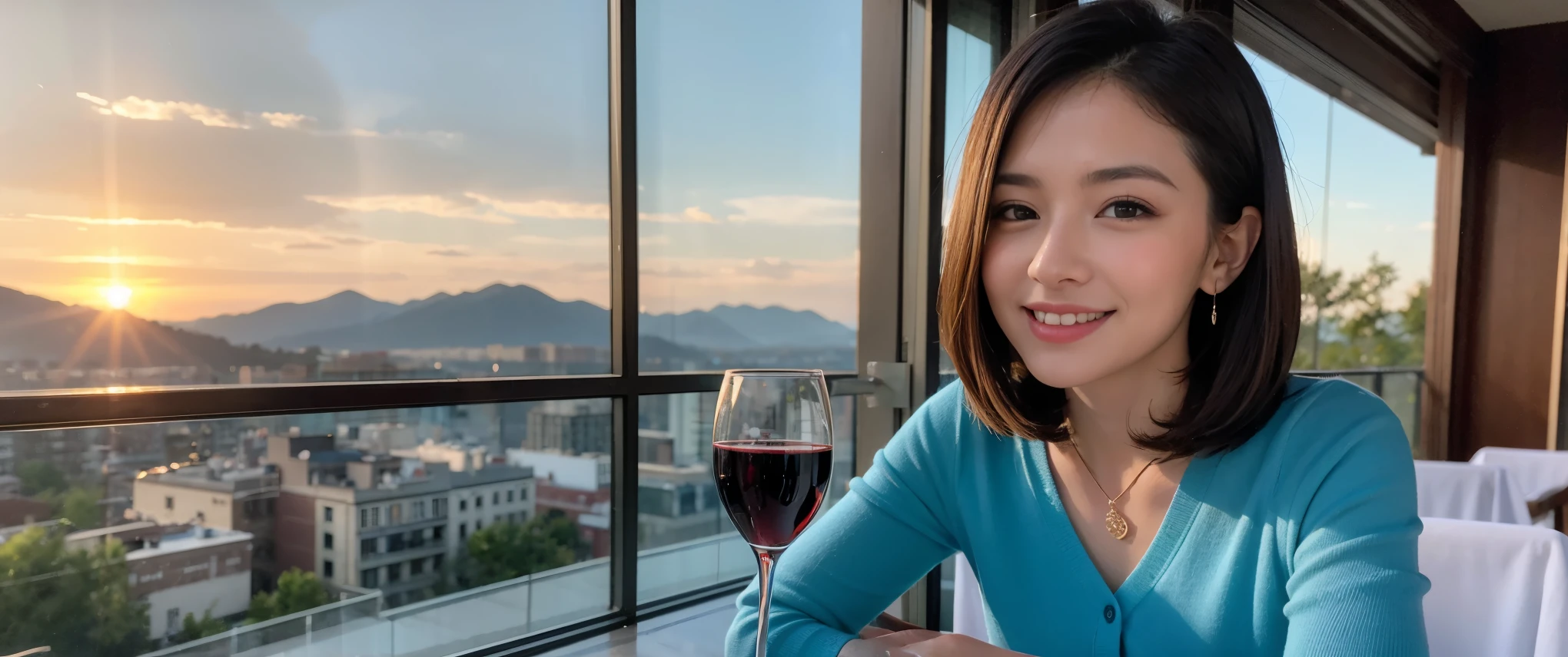 ((highest quality、8k、masterpiece:1.3))、Sharp focus:1.2、Beautiful woman perfect body:1.4、slimなボディ、((Bob Hale、Straight hair:1.2))、(to be born, highest quality, masterpiece:1.5), (Realistic, Intricate details:1.2), Ultra-high resolution, Shine light on your face、Amazing view of the sunset sky and clouds、Amazing mountain views、ニコニコ明るいsmile、wine glass、red wine 、Appetizers、Italian food、Wine bottle、Champagne、sparkling wine、, Beautiful Face, blue eyes, The light shines on your face, Blushing, short hair,Bright Face、Fox face、 (36 years old), 39 years old, Lady、Two beauties、Brown Hair、Shortcuts、Long sleeve shirt、dress、Pretty Woman 1, (slimな顔), (The body is slim), (Brown Hair), (Shortcuts), cheeks turn a little red,Attractive beauty、, Out of the window, A beautiful and detailed night view unfolds.........., restaurant, In a prominent place (From the waist up) Nova Frog Style, actress, model, Upper Body, White wine, slim, wine glass, 真ん中に置かれたwine glass, smile, (smile: 1.15), Beautiful fine grain, Depth f/2,saturation, High Contrast, Strong light and shadow,Moist Body:1.5、3D texture、Delicate eyes、Brown Hair、The hair is very shiny、