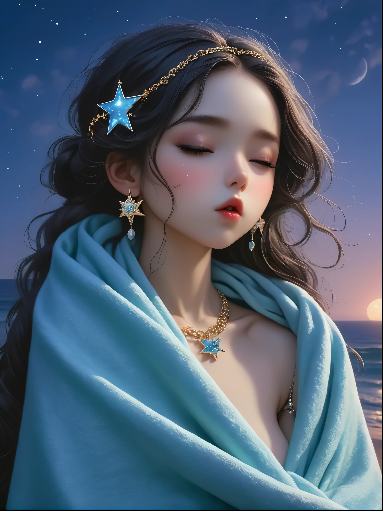 masterpiece，actual，dark，Blue tint，Surrealism, Star Halo, In the bright embrace of the moonlight serenade, 1girl, Long hair, Black Hair, (Close one eye:1.6), (Hiding in a blanket:1.4), Looking at the audience, Realist Artist, (Head chain), (jewelry:1.3), necklace, Suspenders, (translucent:1.2)，seaside，Beach，Pouting cute little mouth, faint blush, Proud, Cartoon Style, full-body shot, Super Detail, Anatomically correct, masterpiece, precise
