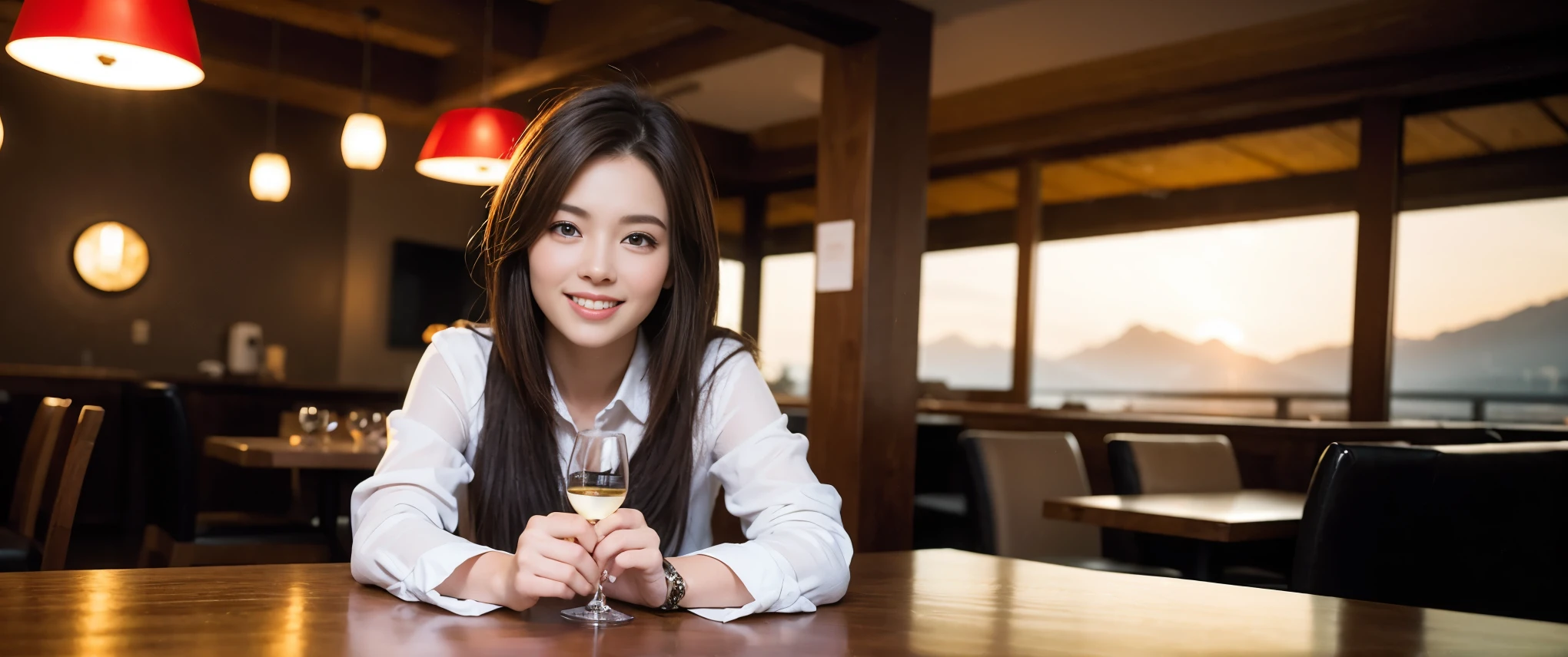 ((highest quality、8k、masterpiece:1.3))、Sharp focus:1.2、Beautiful woman perfect body:1.4、slimなボディ、((Bob Hale、Straight hair:1.2))、(to be born, highest quality, masterpiece:1.5), (Realistic, Intricate details:1.2), Ultra-high resolution, Shine light on your face、Amazing view of the sunset sky and clouds、Amazing mountain views、ニコニコ明るいsmile、wine glass、red wine 、Appetizers、Italian food、Wine bottle、Champagne、sparkling wine、, Beautiful Face, blue eyes, The light shines on your face, Blushing, short hair,Bright Face、Fox face、 (36 years old), 39 years old, Lady、Two beauties、Brown Hair、Shortcuts、Long sleeve shirt、dress、Pretty Woman 1, (slimな顔), (The body is slim), (Brown Hair), (Shortcuts), cheeks turn a little red,Attractive beauty、, Out of the window, A beautiful and detailed night view unfolds.........., restaurant, In a prominent place (From the waist up) Nova Frog Style, actress, model, Upper Body, White wine, slim, wine glass, 真ん中に置かれたwine glass, smile, (smile: 1.15), Beautiful fine grain, Depth f/2,saturation, High Contrast, Strong light and shadow,Moist Body:1.5、3D texture、Delicate eyes、Brown Hair、The hair is very shiny、
