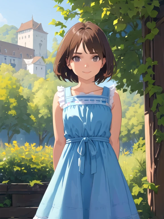 1girl, beautiful girl, frorm front, short brown hair, arms behind back,