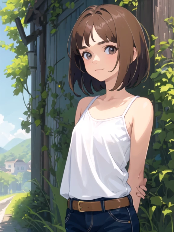 1girl, beautiful girl, frorm front, short brown hair, arms behind back,
