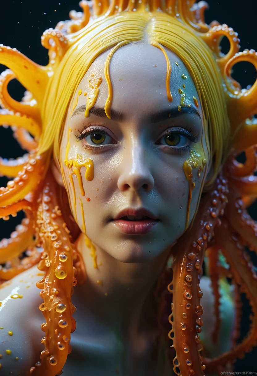 8K, ARTISTIC photogrAphy, best quAlity, mAsterpiece: 1.2), A (potrAit:1.2) witch BLOOD Toon Doll Cthulhu QUEEN, ORANGE many octopus style tentacles, full body RAW candid cinema, yellow hair, 16mm, color graded portra 400 film, remarkable color, ultra realistic, sad admosphere, dark lighting, oppressive atmosphere, depressive colors, kodak portra 400, photograph,r, Natural Light, Pinhead lighgts, blur reflection, Brush Strokes, Smooth, abstract, Splatter, Oil On Canvas, rainbow colors, fractal isometrics details bioluminescens : a stunning realistic photograph of wet bone structure, 3d render, octane render, intricately detailed, titanium decorative headdress, cinematic, trending on artstation | Isometric | Centered