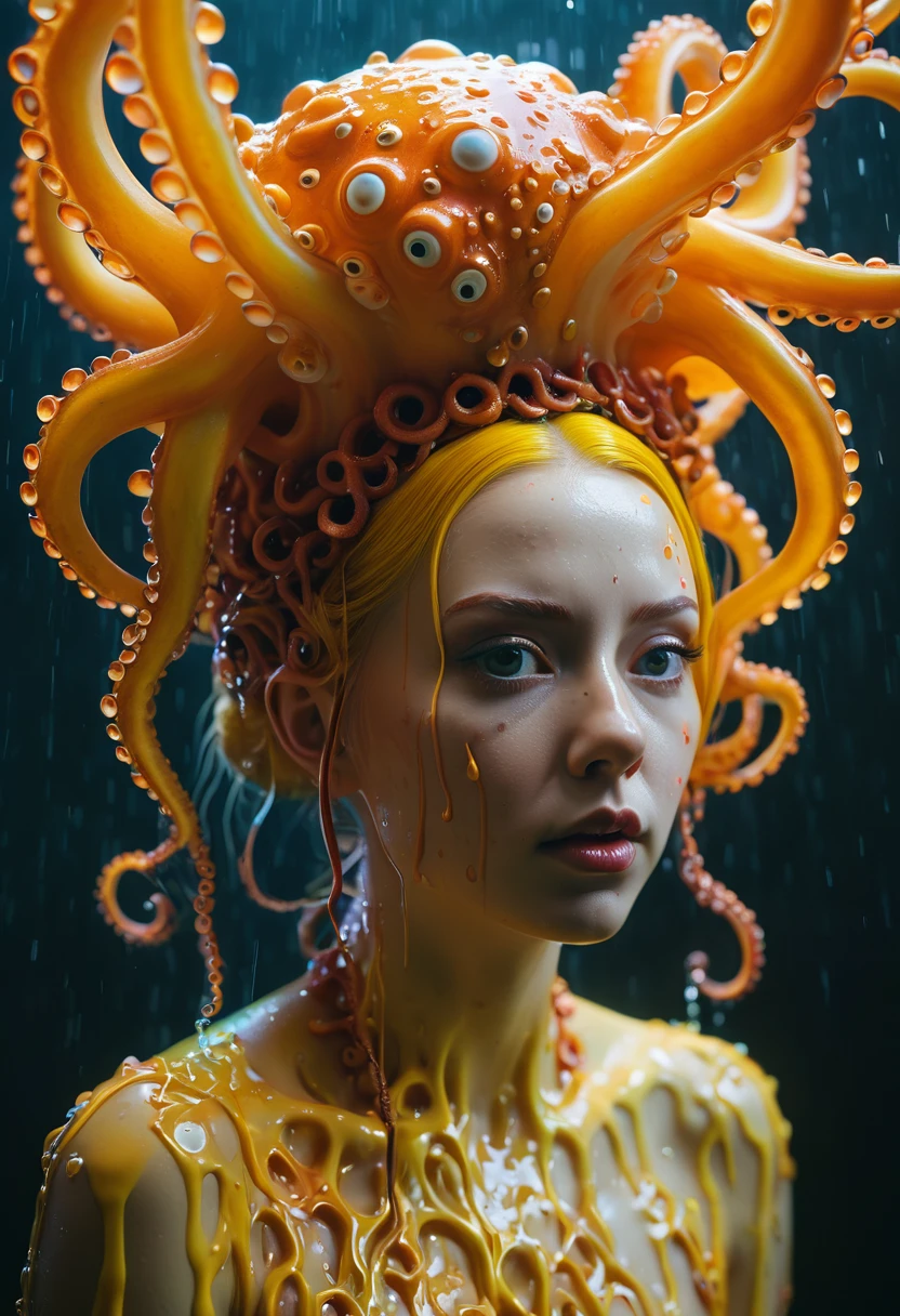 8K, ARTISTIC photogrAphy, best quAlity, mAsterpiece: 1.2), A (potrAit:1.2)  witch BLOOD Toon Doll  Cthulhu   QUEEN, ORANGE many octopus style tentacles, full body RAW candid cinema, yellow hair, 16mm, color graded portra 400 film, remarkable color, ultra realistic, sad admosphere, dark lighting, oppressive atmosphere, depressive colors, kodak portra 400, photograph,r, Natural Light, Pinhead lighgts, blur reflection, Brush Strokes, Smooth, abstract, Splatter, Oil On Canvas, rainbow colors, fractal isometrics details bioluminescens : a stunning realistic photograph of wet bone structure, 3d render, octane render, intricately detailed, titanium decorative headdress, cinematic, trending on artstation | Isometric | Centered