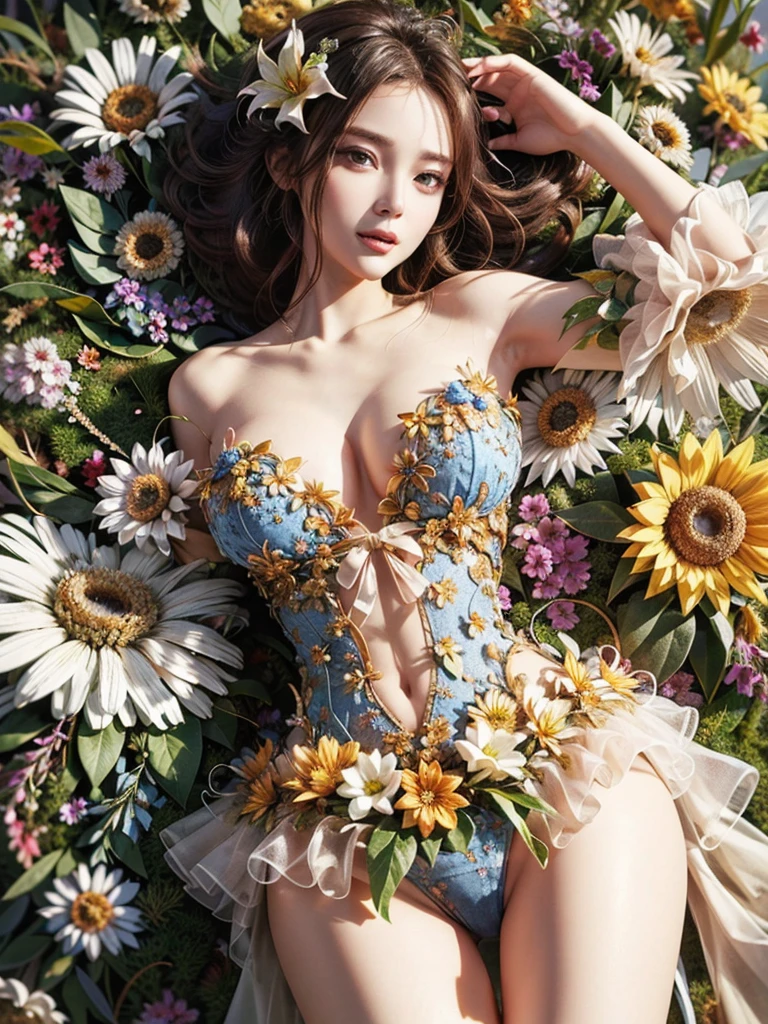 ((((8k))),16k,((Very sophisticated and beautiful)),(((masterpiece))),(((highest quality))),(((Ultra-high resolution))),Daytime natural light,(Realistic scenery:1.2),Single-lens reflex camera,break, ((1 girl)),24-year-old Japan beauty,(Sensual look,smile:1.2),short hair,(Gradient brown hair,Shiny Hair,Braiding:1.2),light makeup,double eyelid,Beautiful Eyes,Beautiful Eyes,Soft white skin that shines in every detail,green白い肌,yellow金比率の顔立ち,Very well-shaped face,Detailed information,Lips Detail,Glossy, beautiful lips,Glossy lips,break,(8 heads,Perfect figure),((Beautiful clavicle,Beautiful breasts)),(C cup breasts:1.3),(Nightdress made of flower petals,Visible abdomen:1.2),(Mr.々Colorful flowers,red,green,yellow,orange,Decorated:1.3),(Long legs,Tight big ass:1.3),break,((Beautiful flower field,Flowers in full bloom,Pasture)),Lying down,Lying down,Photograph the whole body,Shot from above