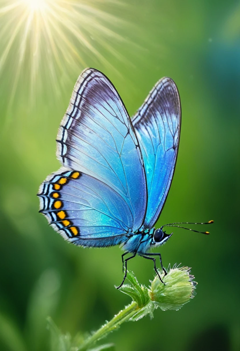 (best quality,4k,8k,highres,masterpiece:1.2),ultra-detailed,(realistic,photorealistic,photo-realistic:1.37),blue butterfly,delicate wings,polished iridescent scales,floating in the air,soft sunlight illuminating,gracefully fluttering,fine details on its body,naturalistic textures,fresh morning dew on its wings,colorful flora in the background,vibrant shades of blue,pure tranquility,subtle elegance,sublime beauty,ethereal atmosphere,meticulously painted brushstrokes,impressive level of realism,lifelike insect,mesmerizing form and patterns