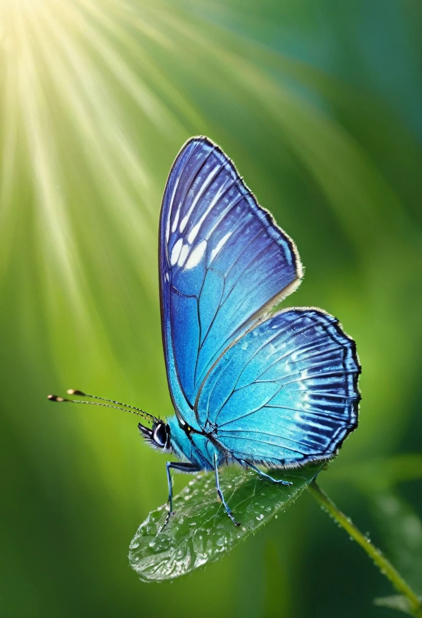(best quality,4k,8k,highres,masterpiece:1.2),ultra-detailed,(realistic,photorealistic,photo-realistic:1.37),blue butterfly,delicate wings,polished iridescent scales,floating in the air,soft sunlight illuminating,gracefully fluttering,fine details on its body,naturalistic textures,fresh morning dew on its wings,colorful flora in the background,vibrant shades of blue,pure tranquility,subtle elegance,sublime beauty,ethereal atmosphere,meticulously painted brushstrokes,impressive level of realism,lifelike insect,mesmerizing form and patterns