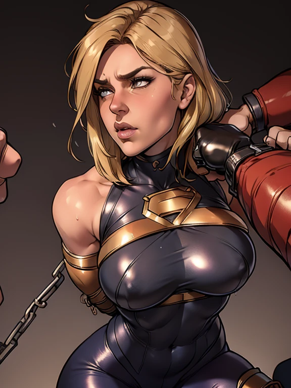 (best quality,4k,8k,highres,masterpiece:1.2),ultra-detailed,(realistic,photorealistic,photo-realistic:1.37),beautiful ((Power girl)),muscular,beautiful detailed eyes,beautiful detailed lips,longeyelashes,dark blond hair cascading down her shoulders,black leather pants,light beige sweater,full body,strong lighting,soft warm colors,blurred background,neutral expression, restrained in a sunlit city in ruins, (cameltoe), ((bound, restrained, kidnapped)), (((chained))), (((beaten by men))), (((hit in cheek:1.2))), (((violent hit action:1.2))), (((punched in the face:1.2)))