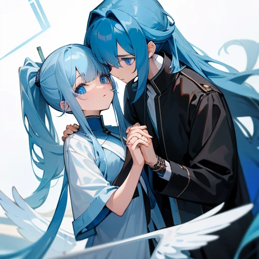 A blue-eyed angel boy with long blue hair in a ponytail with bangs that expose one eye and one eye that is hidden by a bang, and a blue-eyed and long-haired angel girl are holding hands