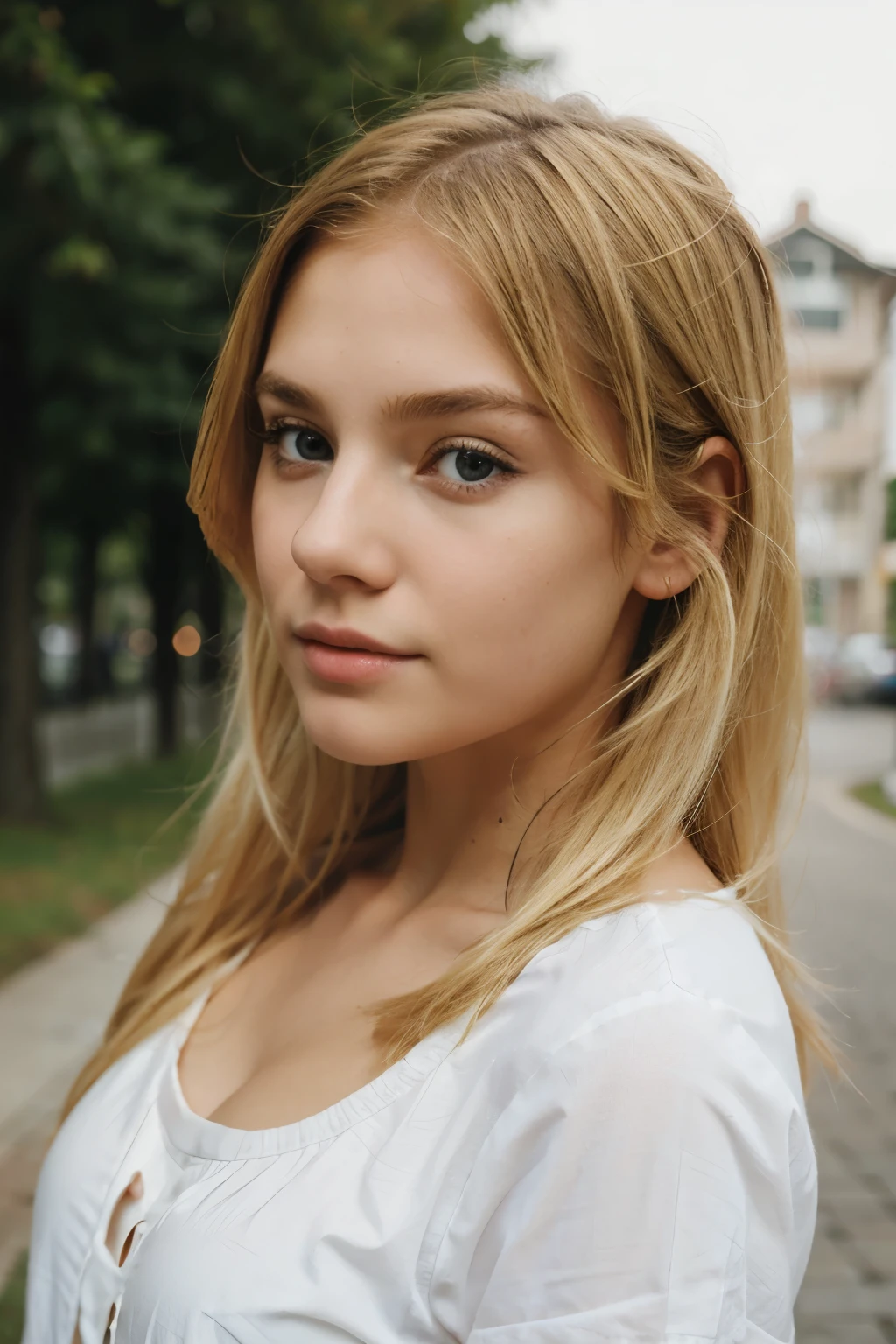 A photographic portrait of a 25-years-old hot American girl, blonde hair, Wearing white t-shirt, Should have a natural, approachable expression and be illuminated by soft, best quality, high-resolution photograph using 85mm lens for a flattering perspective, distinct_image, detailed scenic outdoor background, golden-hour sunlight, very realistic