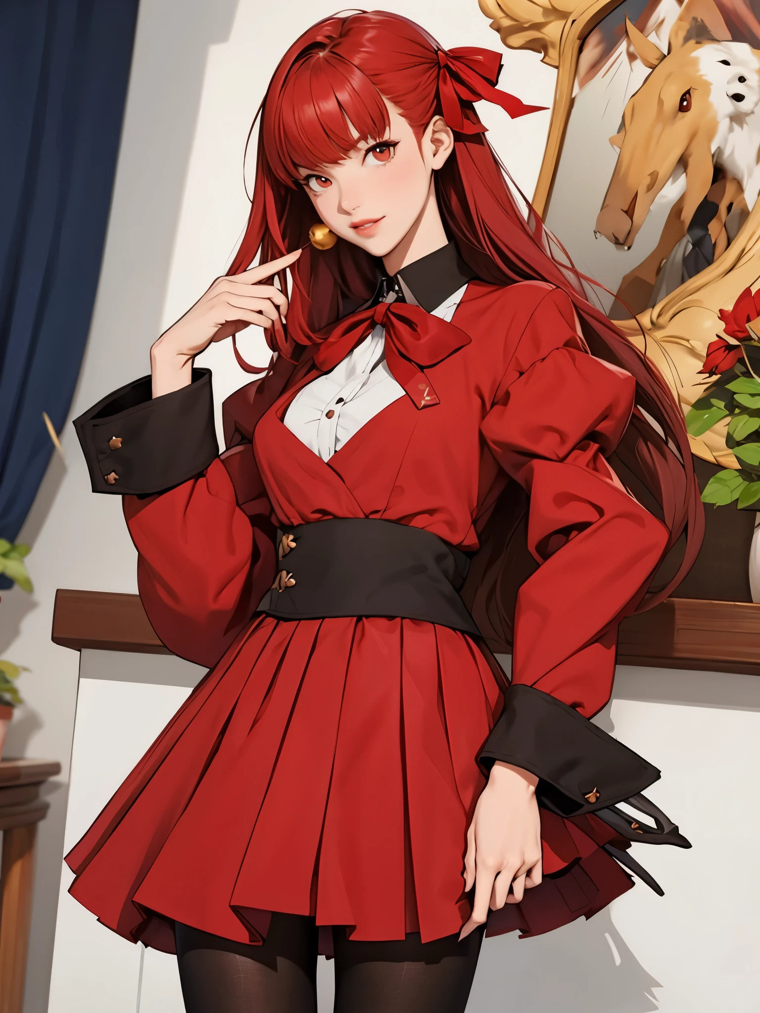 perfect eyes:1.2, detailed eyes:1.4, realistic:1.4, black pantyhose:1.2, very long hair, bb \(fate\), fringe, red ribbon, xivhrcoatee, red ascot, red hair, red eyes, red coat, black skirt, pleated skirt, bow, long sleeves, serious, 1girl, solo, (masterpiece:1.6, best quality),