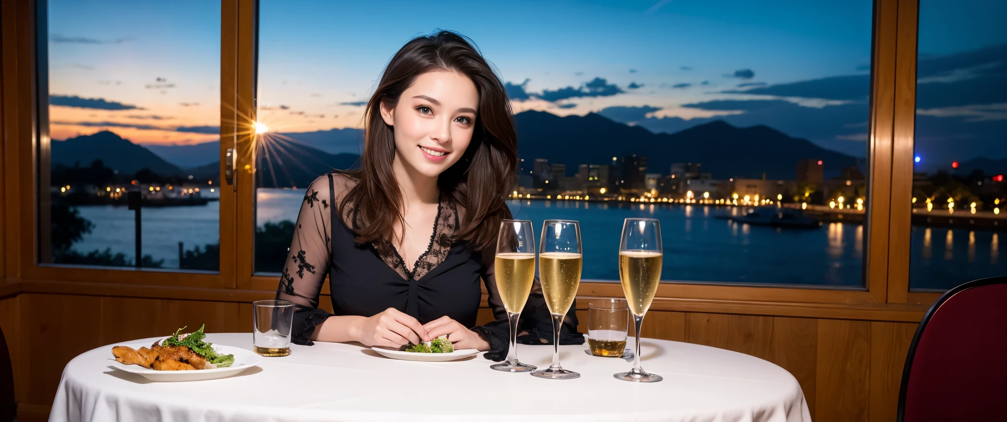 ((highest quality、8k、masterpiece:1.3))、Sharp focus:1.2、Beautiful woman perfect body:1.4、slimなボディ、((Bob Hale、Straight hair:1.2))、(to be born, highest quality, masterpiece:1.5), (Realistic, Intricate details:1.2), Ultra-high resolution, Put the light on your face、Amazing view of the sunset sky and clouds、Amazing mountain views、ニコニコ明るいsmile、wine glass、red wine 、Appetizers、Italian food、Wine bottle、Champagne、sparkling wine、, Beautiful Face, blue eyes, The light shines on your face, Blushing, short hair,Bright Face、Fox face、 (42 years old), 39 years old, Lady、Two beauties、Brown Hair、Shortcuts、Long sleeve shirt、dress、Pretty Woman 1, (slimな顔), (The body is slim), (Brown Hair), (Shortcuts), cheeks turn a little red,Attractive beauty、, Out of the window, A beautiful and detailed night view unfolds.........., restaurant, In a prominent place (From the waist up) Nova Frog Style, actress, model, Upper Body, White wine, slim, wine glass, 真ん中に置かれたwine glass, smile, (smile: 1.15), Beautiful fine grain, Depth f/2,saturation, High Contrast, Strong light and shadow,Moist Body:1.5、3D texture、Delicate eyes、Brown Hair、The hair is very shiny、