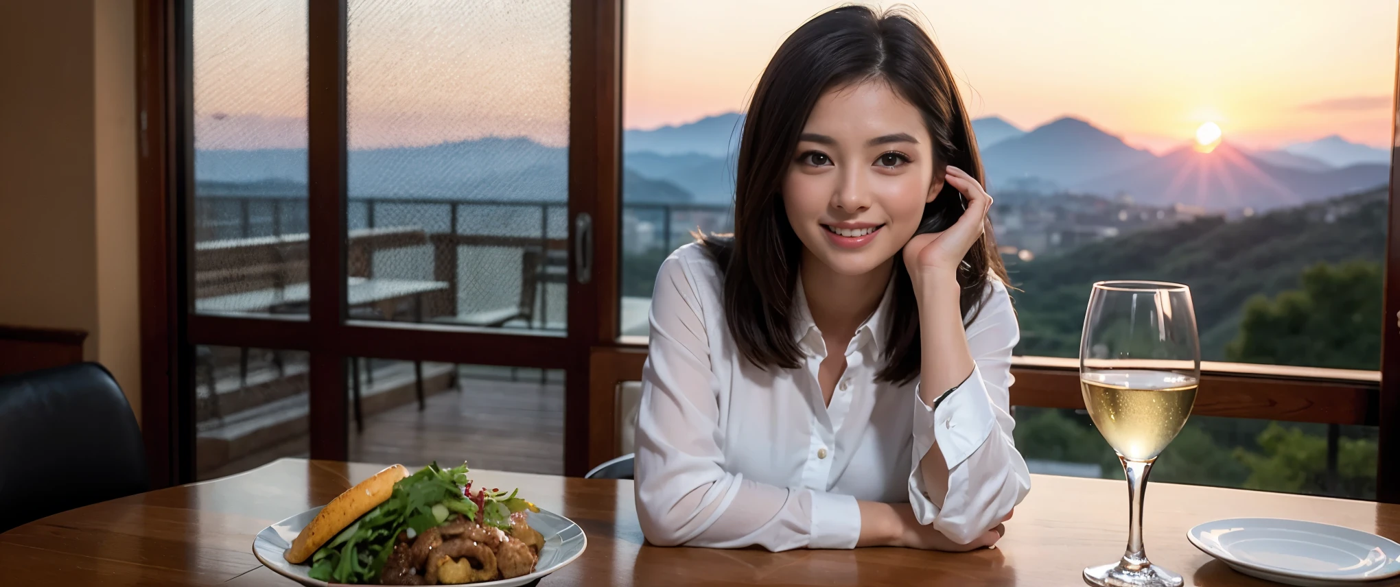((highest quality、8k、masterpiece:1.3))、Sharp focus:1.2、Beautiful woman perfect body:1.4、slimなボディ、((Bob Hale、Straight hair:1.2))、(to be born, highest quality, masterpiece:1.5), (Realistic, Intricate details:1.2), Ultra-high resolution, Put the light on your face、Amazing view of the sunset sky and clouds、Amazing mountain views、ニコニコ明るいsmile、wine glass、red wine 、Appetizers、Italian food、Wine bottle、Champagne、sparkling wine、, Beautiful Face, blue eyes, The light shines on your face, Blushing, short hair,Bright Face、Fox face、 (42 years old), 39 years old, Lady、Two beauties、Brown Hair、Shortcuts、Long sleeve shirt、dress、Pretty Woman 1, (slimな顔), (The body is slim), (Brown Hair), (Shortcuts), cheeks turn a little red,Attractive beauty、, Out of the window, A beautiful and detailed night view unfolds.........., restaurant, In a prominent place (From the waist up) Nova Frog Style, actress, model, Upper Body, White wine, slim, wine glass, 真ん中に置かれたwine glass, smile, (smile: 1.15), Beautiful fine grain, Depth f/2,saturation, High Contrast, Strong light and shadow,Moist Body:1.5、3D texture、Delicate eyes、Brown Hair、The hair is very shiny、