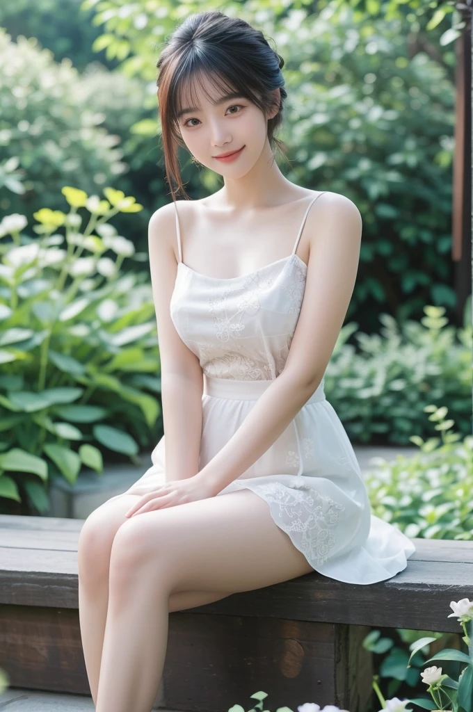 Realistic photo, beautiful Asian girl wearing a beautiful detailed dress skirt, curvy figure, slim waist, smiling, sitting, bare shoulders, thighs, blurred background of flower garden