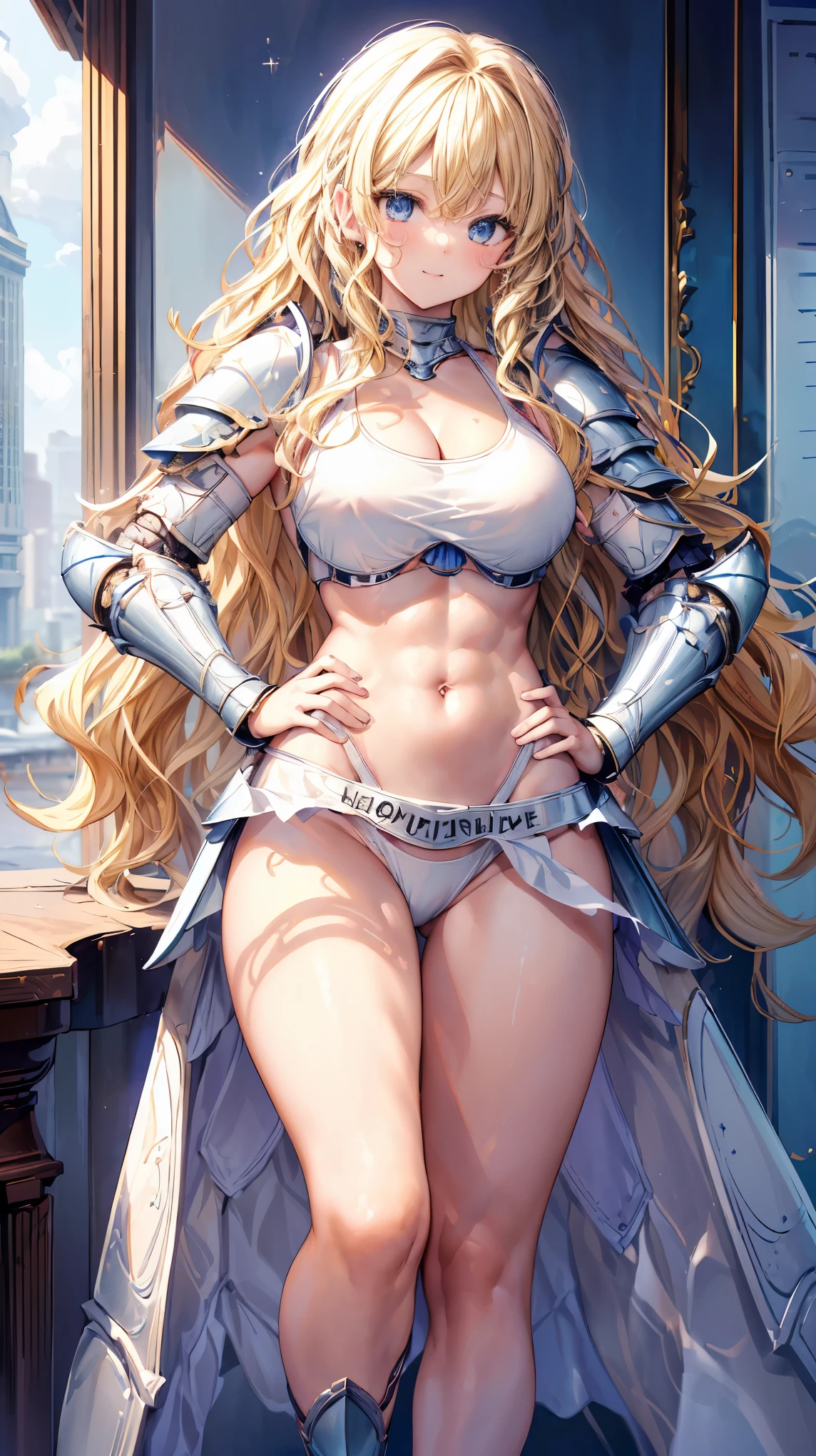 Very detailed、highest quality、Best image quality、masterpiece、8k、Anime Face、A kind smile、Open your mouth、Sparkling blue eyes、(Blonde wavy hair:1.5)、、Muscles of the whole body、Hands on hips、camisole、Thigh belt、mini skirt、(Wearing white bikini armor:1.5)、Cowboy Shot、(Leg armor:1.5)