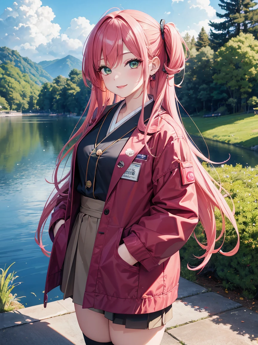 Aesthethic, 8k, high res, absurdres, v3, masterpiece, high details, 1 girl, look viewers, japan musume, earing, doctor, good shadow, pink hair, green half eyes, yellow half eyes, one hand into pocket, hair pin, red lips, smile, scenary, anime 2.5D style, anime