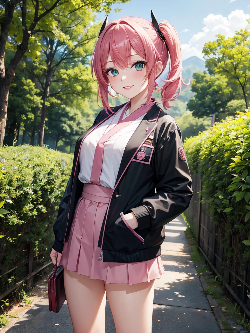 Aesthethic, 8k, high res, absurdres, v3, masterpiece, high details, 1 girl, look viewers, japan musume, earing, doctor, good shadow, pink hair, green half eyes, yellow half eyes, one hand into pocket, hair pin, red lips, smile, scenary, anime 2.5D style, anime