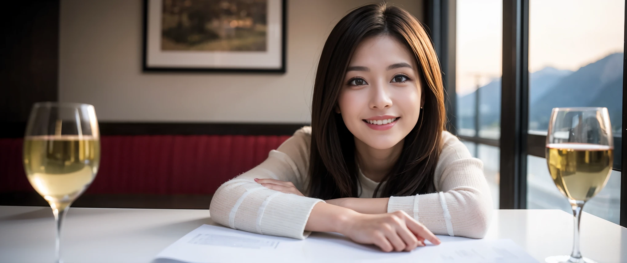 ((highest quality、8k、masterpiece:1.3))、Sharp focus:1.2、Beautiful woman perfect body:1.4、slimなボディ、((Bob Hale、Straight hair:1.2))、(to be born, highest quality, masterpiece:1.5), (Realistic, Intricate details:1.2), Ultra-high resolution, Shine light on your face、Amazing view of the sunset sky and clouds、Amazing mountain views、ニコニコ明るいsmile、wine glass、red wine 、Appetizers、Italian food、Wine bottle、Champagne、sparkling wine、, Beautiful Face, blue eyes, The light shines on your face, Blushing, short hair,Bright Face、Fox face、 (36 years old), 39 years old, Lady、Two beauties、Brown Hair、Shortcuts、Long sleeve shirt、dress、Pretty Woman 1, (slimな顔), (The body is slim), (Brown Hair), (Shortcuts), cheeks turn a little red,Attractive beauty、, Out of the window, A beautiful and detailed night view unfolds.........., restaurant, In a prominent place (From the waist up) Nova Frog Style, actress, model, Upper Body, White wine, slim, wine glass, 真ん中に置かれたwine glass, smile, (smile: 1.15), Beautiful fine grain, Depth f/2,saturation, High Contrast, Strong light and shadow,Moist Body:1.5、3D texture、Delicate eyes、Brown Hair、The hair is very shiny、