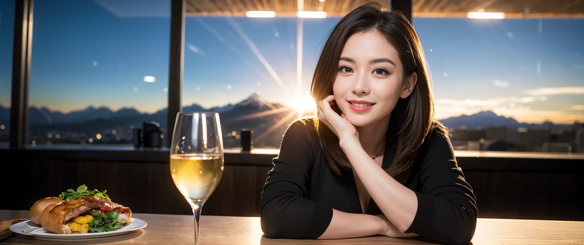 ((highest quality、8k、masterpiece:1.3))、Sharp focus:1.2、Beautiful woman perfect body:1.4、slimなボディ、((Bob Hale、Straight hair:1.2))、(to be born, highest quality, masterpiece:1.5), (Realistic, Intricate details:1.2), Ultra-high resolution, Shine light on your face、Amazing view of the sunset sky and clouds、Amazing mountain views、ニコニコ明るいsmile、wine glass、red wine 、Appetizers、Italian food、Wine bottle、Champagne、sparkling wine、, Beautiful Face, blue eyes, The light shines on your face, Blushing, short hair,Bright Face、Fox face、 (36 years old), 39 years old, Lady、Two beauties、Brown Hair、Shortcuts、Long sleeve shirt、dress、Pretty Woman 1, (slimな顔), (The body is slim), (Brown Hair), (Shortcuts), cheeks turn a little red,Attractive beauty、, Out of the window, A beautiful and detailed night view unfolds.........., restaurant, In a prominent place (From the waist up) Nova Frog Style, actress, model, Upper Body, White wine, slim, wine glass, 真ん中に置かれたwine glass, smile, (smile: 1.15), Beautiful fine grain, Depth f/2,saturation, High Contrast, Strong light and shadow,Moist Body:1.5、3D texture、Delicate eyes、Brown Hair、The hair is very shiny、
