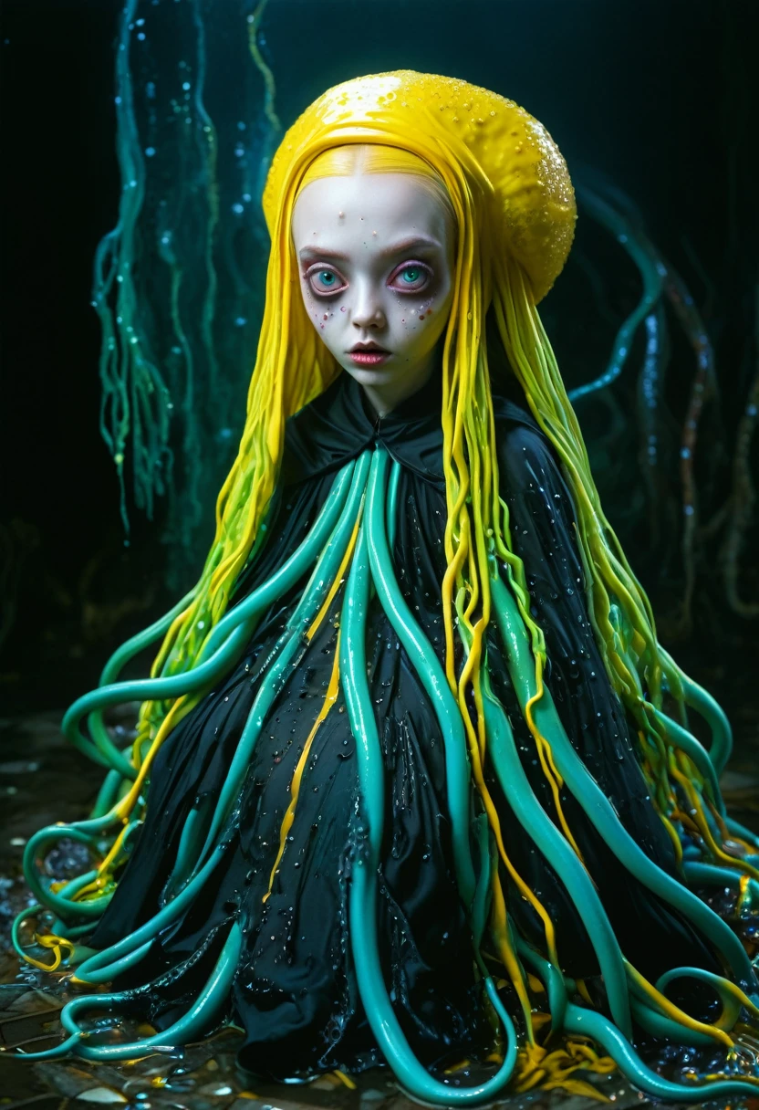 8K, ARTISTIC photogrAphy, best quAlity, mAsterpiece: 1.2), A (potrAit:1.2) witch BLOOD Toon Doll Cthulhu nun QUEEN, EYES, CYAN many octopus style tentacles, full body RAW candid cinema, yellow hair, 16mm, color graded portra 400 film, remarkable color, ultra realistic, sad admosphere, dark lighting, oppressive atmosphere, depressive colors, kodak portra 400, photograph,r, Natural Light, Pinhead lighgts, blur reflection, Brush Strokes, Smooth, abstract, Splatter, Oil On Canvas, rainbow colors, fractal isometrics details bioluminescens : a stunning realistic photograph of wet bone structure, 3d render, octane render, intricately detailed, titanium decorative headdress, cinematic, trending on artstation | Isometric | Centered