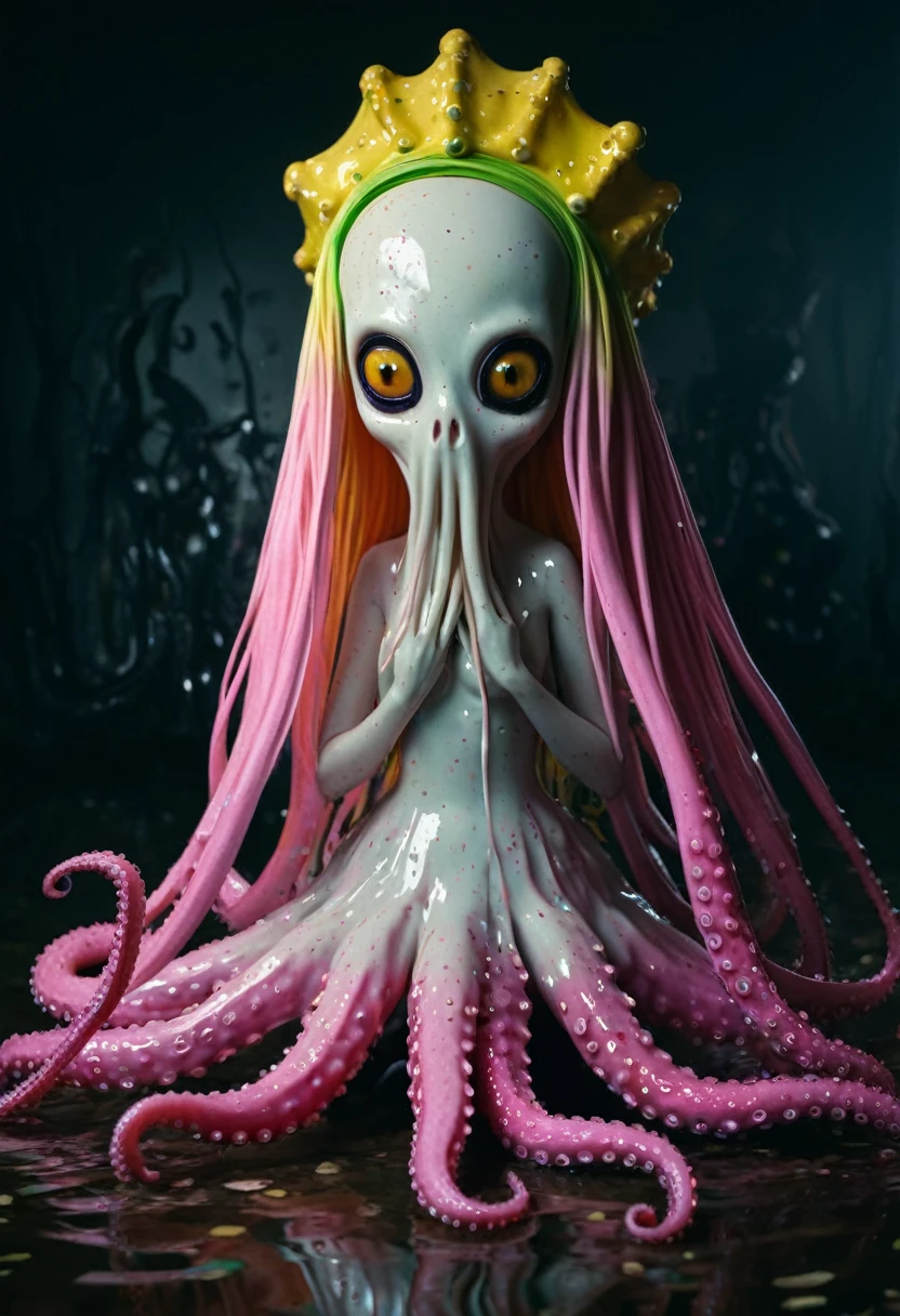 8K, ARTISTIC photogrAphy, best quAlity, mAsterpiece: 1.2), A (potrAit:1.2) witch BLOOD Toon Doll Cthulhu nun QUEEN, EYES, PINK many octopus style tentacles, full body RAW candid cinema, yellow hair, 16mm, color graded portra 400 film, remarkable color, ultra realistic, sad admosphere, dark lighting, oppressive atmosphere, depressive colors, kodak portra 400, photograph,r, Natural Light, Pinhead lighgts, blur reflection, Brush Strokes, Smooth, abstract, Splatter, Oil On Canvas, rainbow colors, fractal isometrics details bioluminescens : a stunning realistic photograph of wet bone structure, 3d render, octane render, intricately detailed, titanium decorative headdress, cinematic, trending on artstation | Isometric | Centered