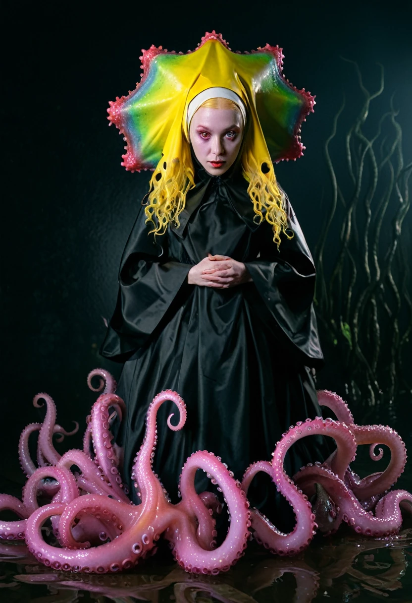 8K, ARTISTIC photogrAphy, best quAlity, mAsterpiece: 1.2), A (potrAit:1.2)  witch BLOOD Toon Doll Cthulhu nun QUEEN, EYES, PINK many octopus style tentacles, full body RAW candid cinema, yellow hair, 16mm, color graded portra 400 film, remarkable color, ultra realistic, sad admosphere, dark lighting, oppressive atmosphere, depressive colors, kodak portra 400, photograph,r, Natural Light, Pinhead lighgts, blur reflection, Brush Strokes, Smooth, abstract, Splatter, Oil On Canvas, rainbow colors, fractal isometrics details bioluminescens : a stunning realistic photograph of wet bone structure, 3d render, octane render, intricately detailed, titanium decorative headdress, cinematic, trending on artstation | Isometric | Centered