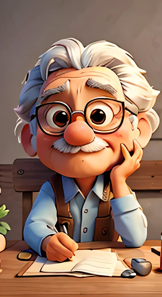 Einstein sitting at the table, Front view, Slightly bow your head, Scratch your head with one hand, Holding the nut in one hand, State of thinking, Cartoon game style, 3D Model, 4K, UHD, anatomically correct, highres