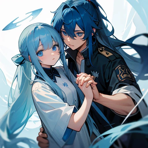 A blue-eyed angel boy with long blue hair in a ponytail with bangs that expose one eye and one eye that is hidden by a bang, and a blue-eyed and long-haired angel girl are holding hands