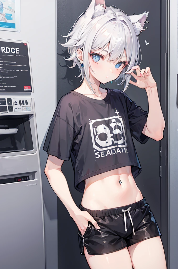 Cheeky handsome boy　Silver Hair　Cat Eyes　Piercings in both ears　Short sleeve shorts　Illustrated