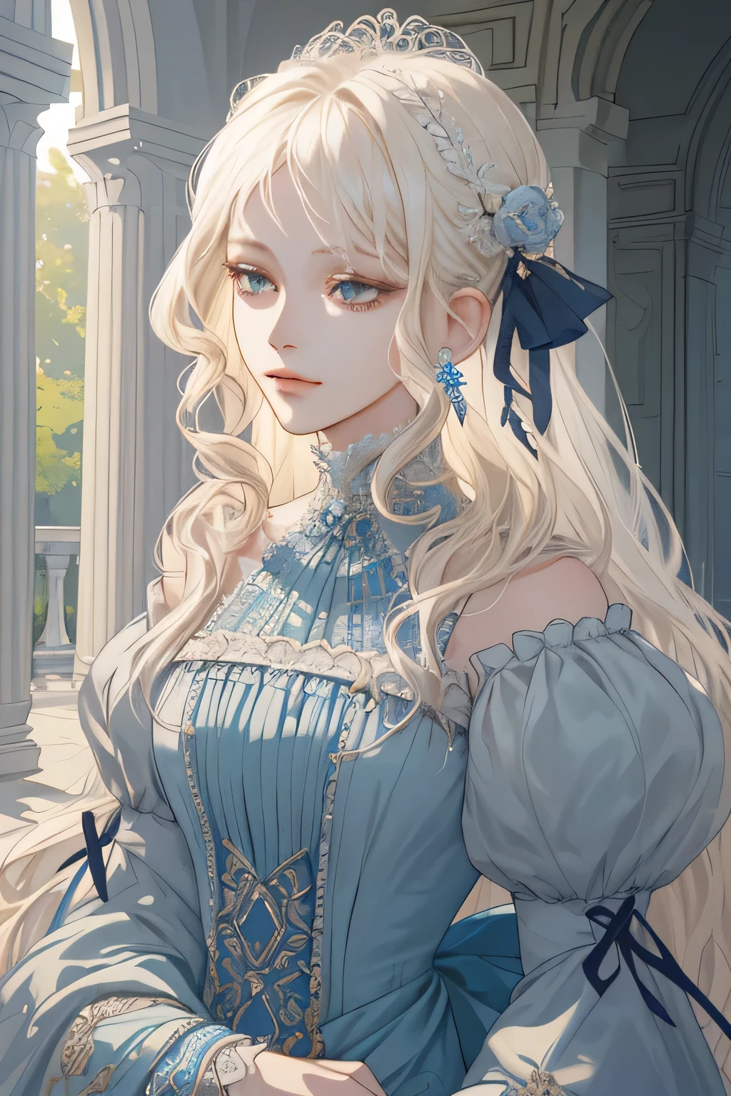 (extreamly delicate and beautiful:1.2), 8K,(masterpiece:1.0),(best_quality:1.0), 1 girl, and intricate detailing, Enlarged textures, and intricate detailing, finely eye and detailed face, and intricate detailing, shiraga, platinum blonde curls long hair, (closed mouths), Perfect eyes, Equal eyes, carolina eyes (A famale god) with blue palladio dress